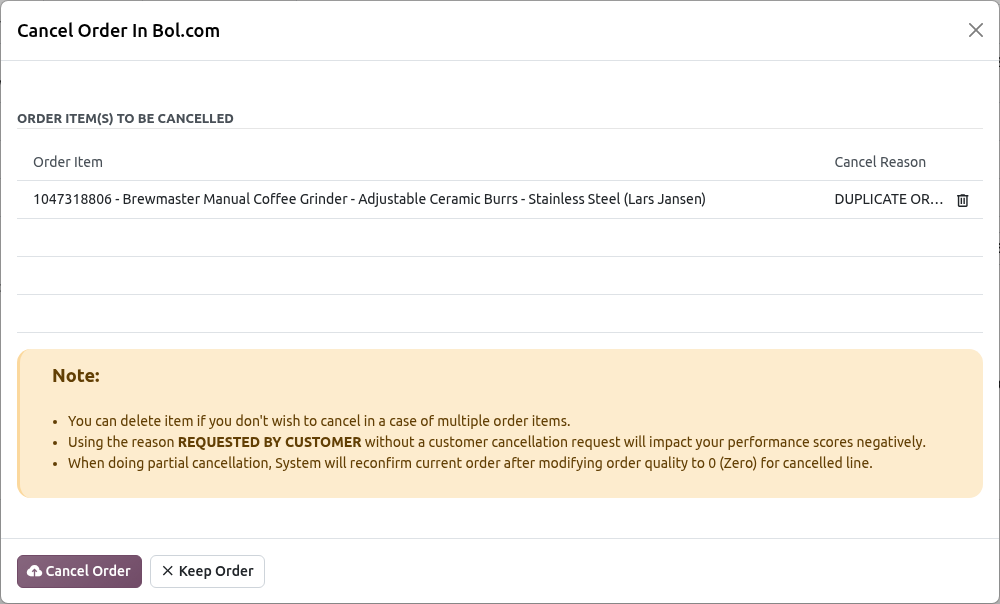 Bol.com Cancel Order Screen