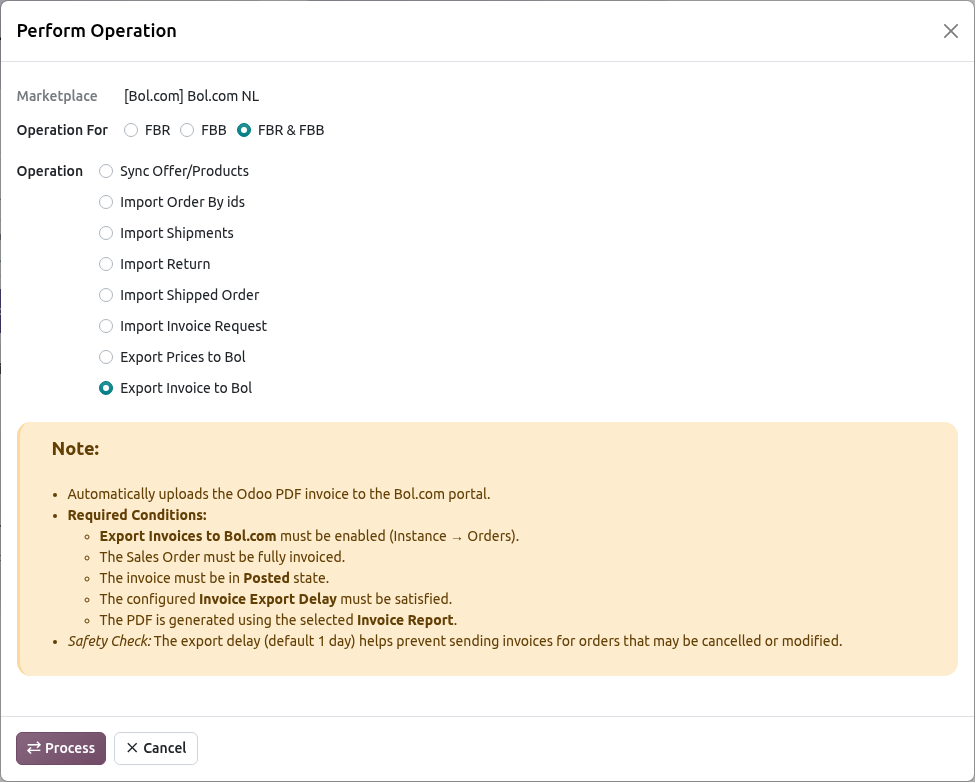 Bol.com Export Invoice Screen