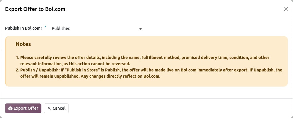 Bol.com Export Listing Option Popup