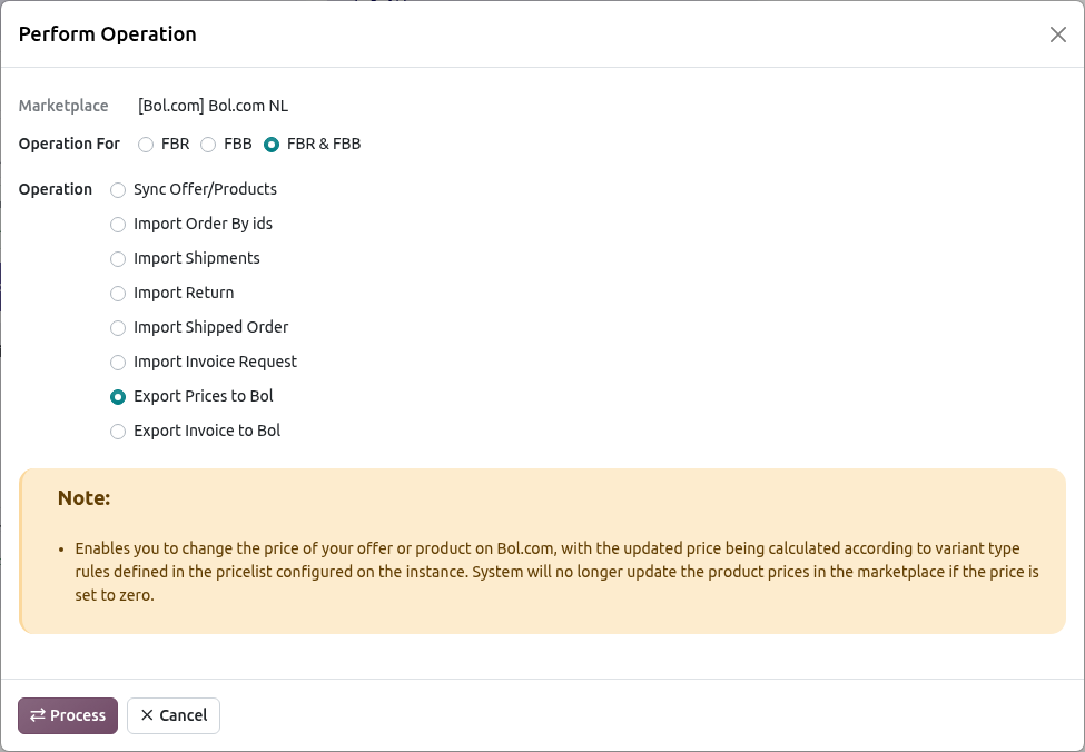 Bol.com Export Price Operation Screen