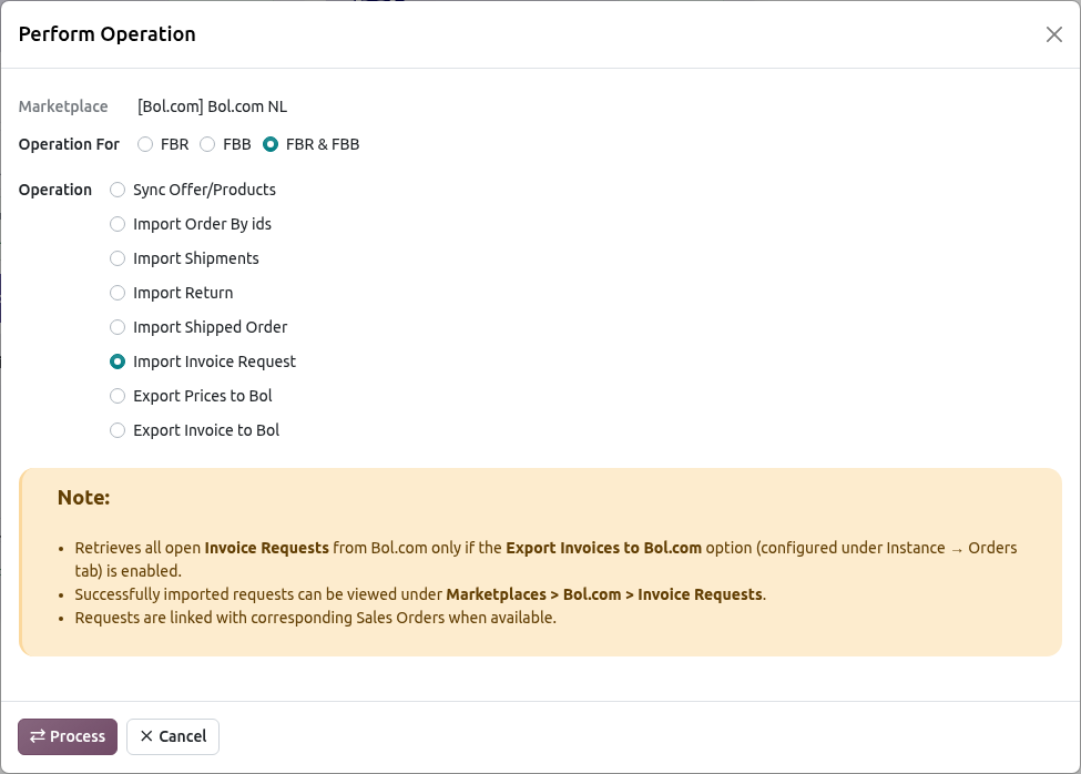 Bol.com Import Invoice Request Screen