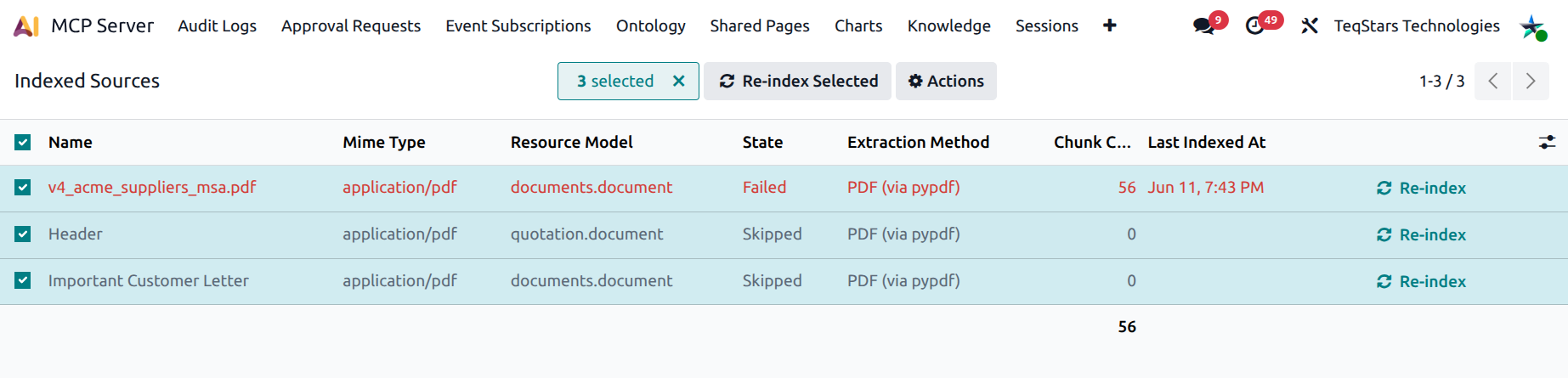 Indexed Sources list with multiple rows selected and the Re-index Selected button visible above the list
