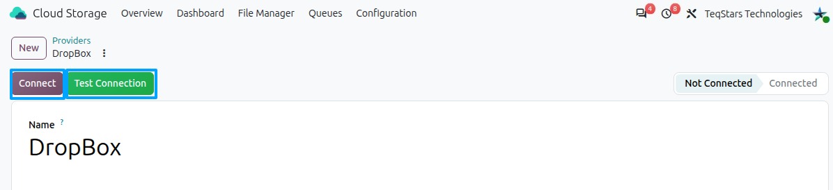Connect and Test Connection buttons with the status bar on the provider form