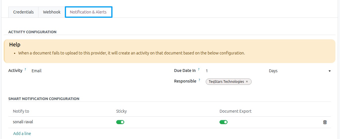 Notification & Alerts tab on the provider form
