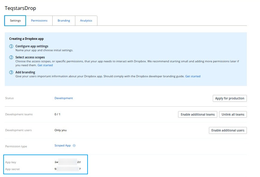 Dropbox App Console Settings tab with the App key and App secret