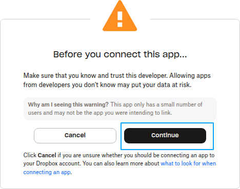 Dropbox asking you to confirm the app developer before connecting