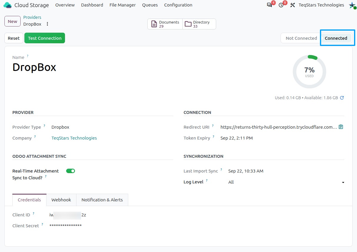 Connected Dropbox provider in Odoo showing the storage gauge and Token Expiry