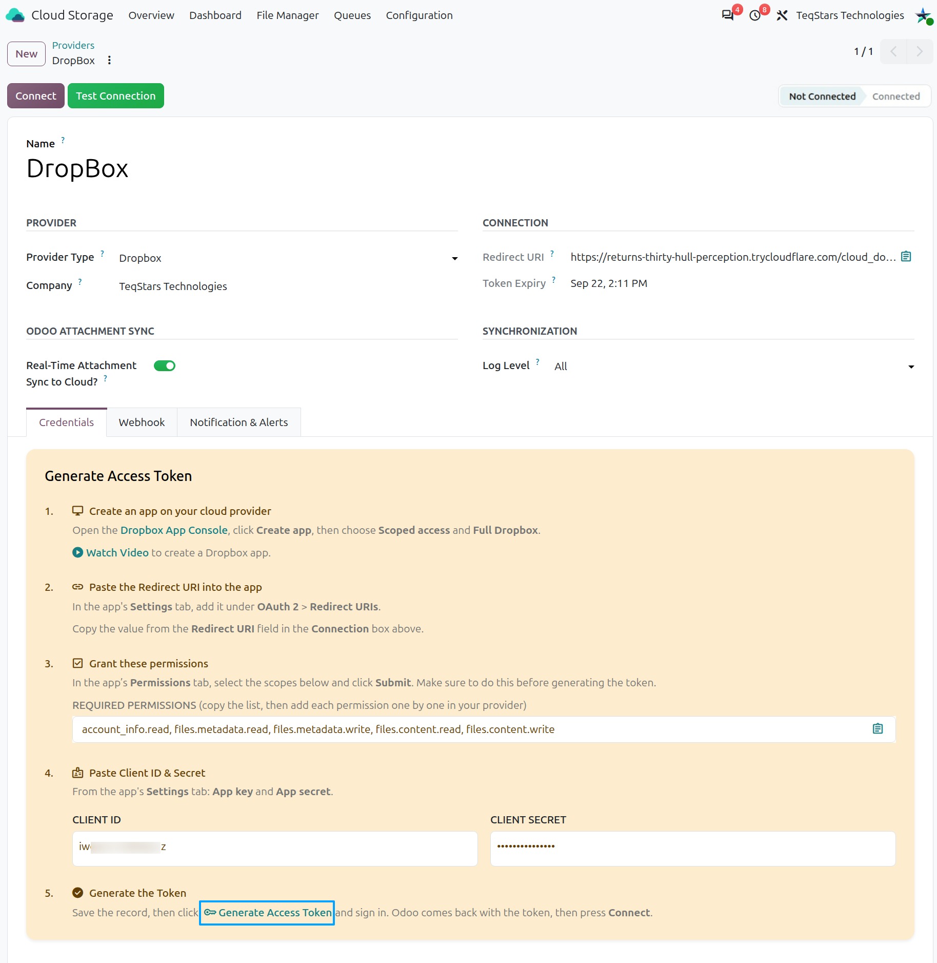 Generate Access Token on the Credentials tab of the Dropbox provider