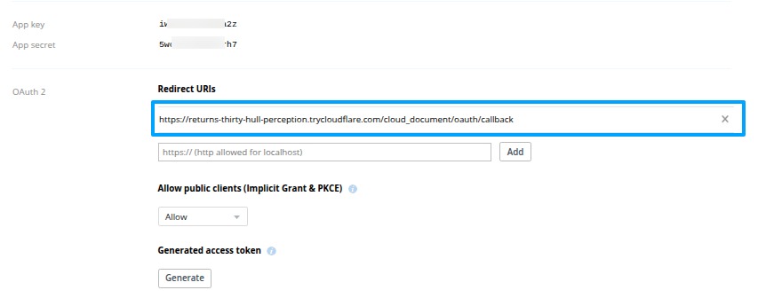 Redirect URIs field in the Dropbox App Console