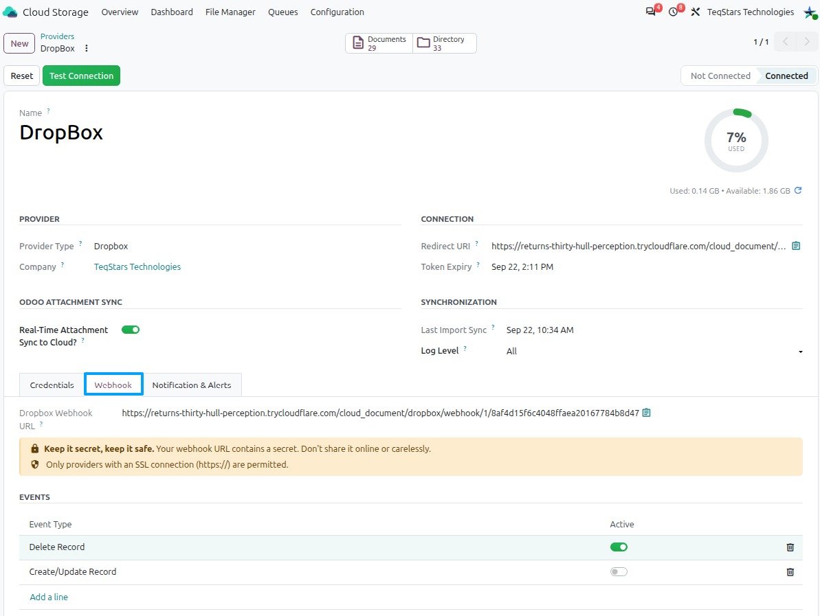 Dropbox Webhook URL and events on the provider form