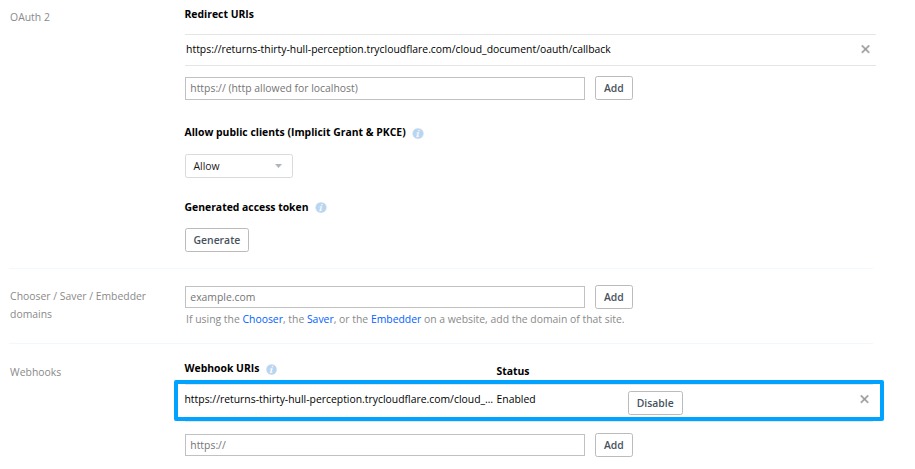 Webhook URI added and enabled in the Dropbox App Console