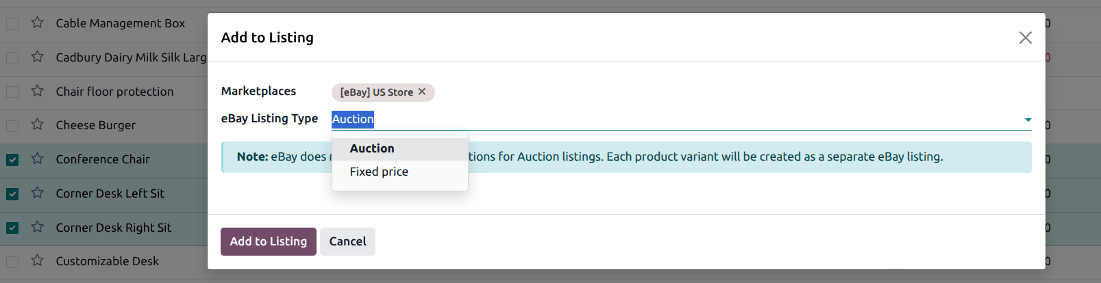 Add to Listing Popup