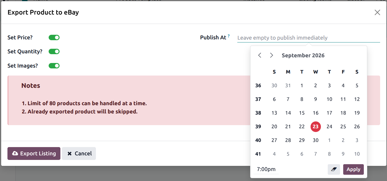 Export Listing Option Popup