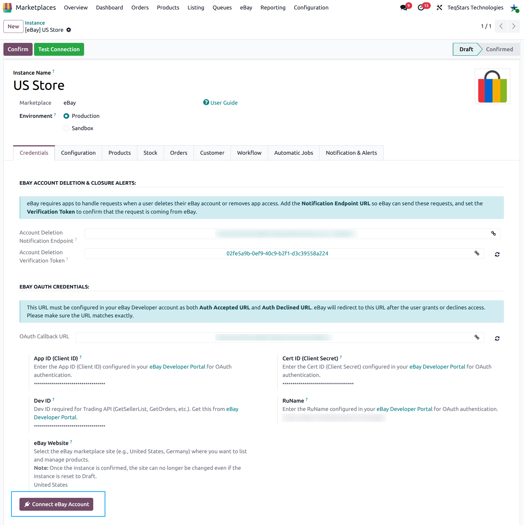 eBay instance with Connect eBay Account button