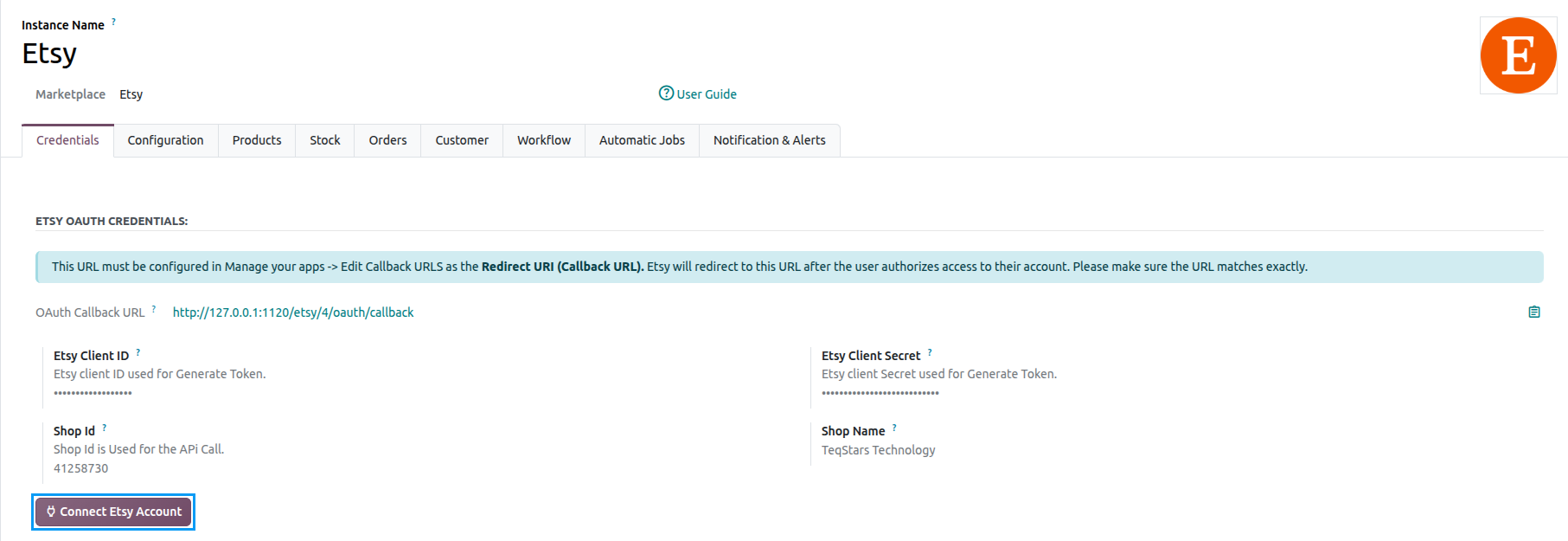 Etsy instance with Connect Etsy Account button