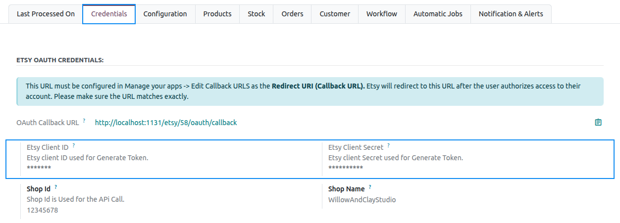 Etsy instance credentials tab with Client ID and Client Secret fields