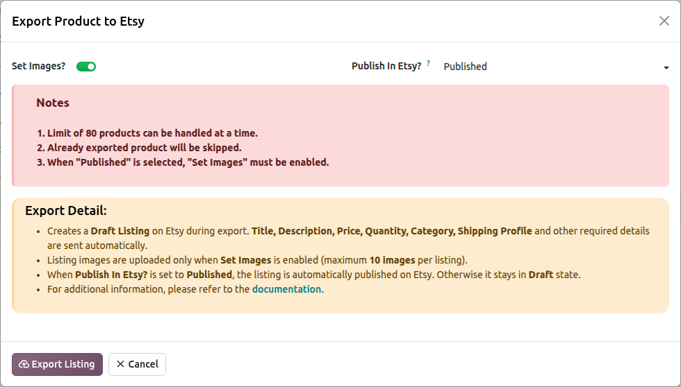 Export Listing Option Popup