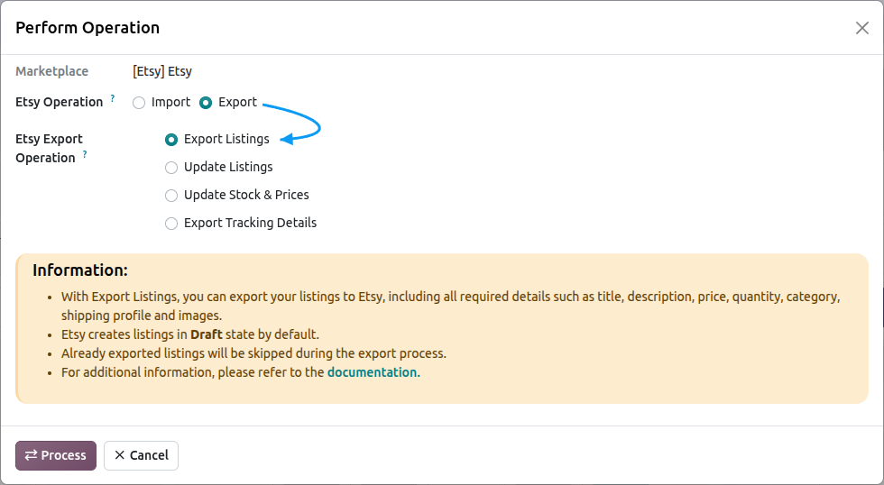 Etsy Listing Export Screen