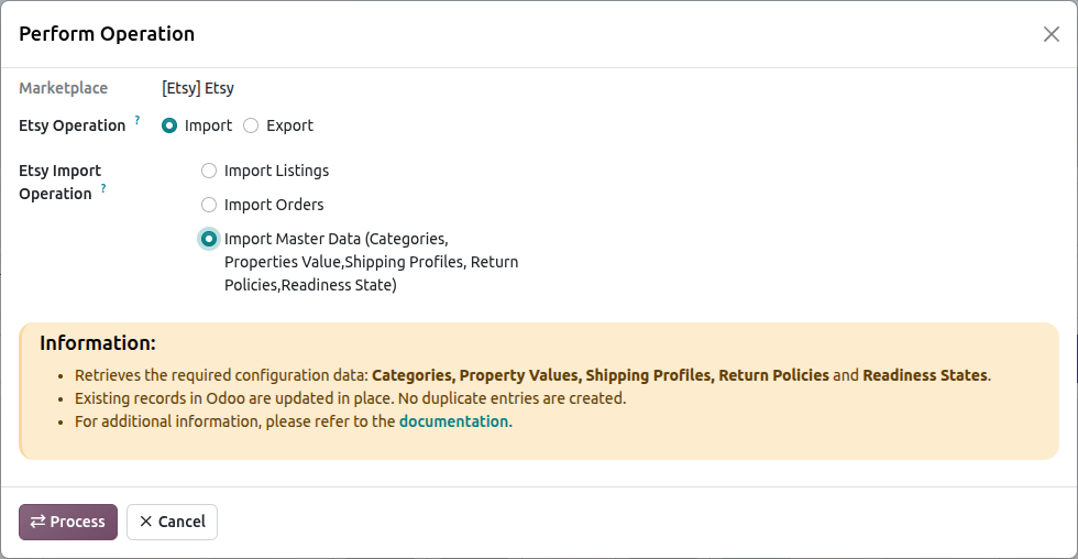Etsy Master Data Import Screen
