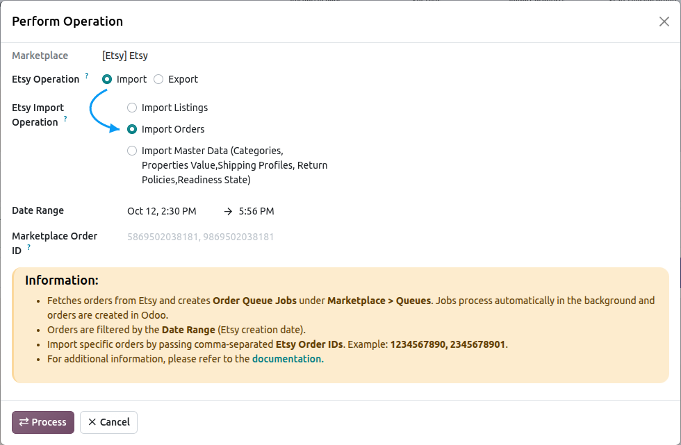 Etsy Order Import Screen