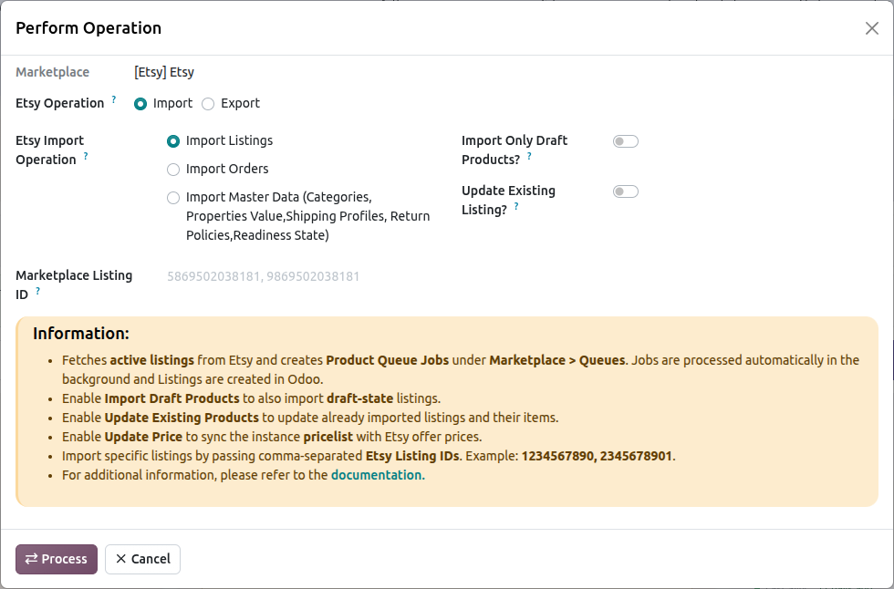 Etsy Listing Import Screen