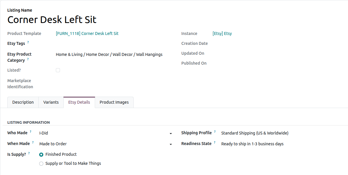 Listing form with Etsy details
