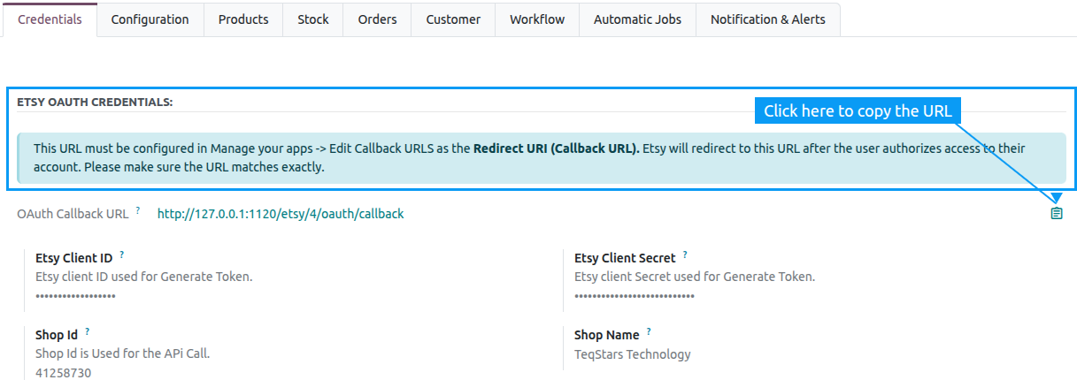 Etsy instance OAuth Callback URL field with copy button