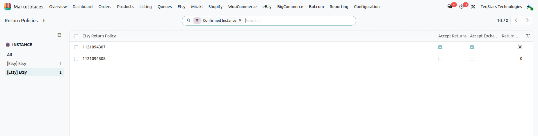 Etsy Return Policies list in Odoo