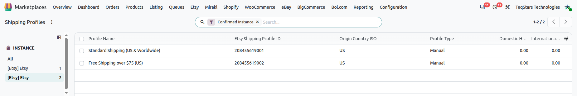 Etsy Shipping Profiles list in Odoo