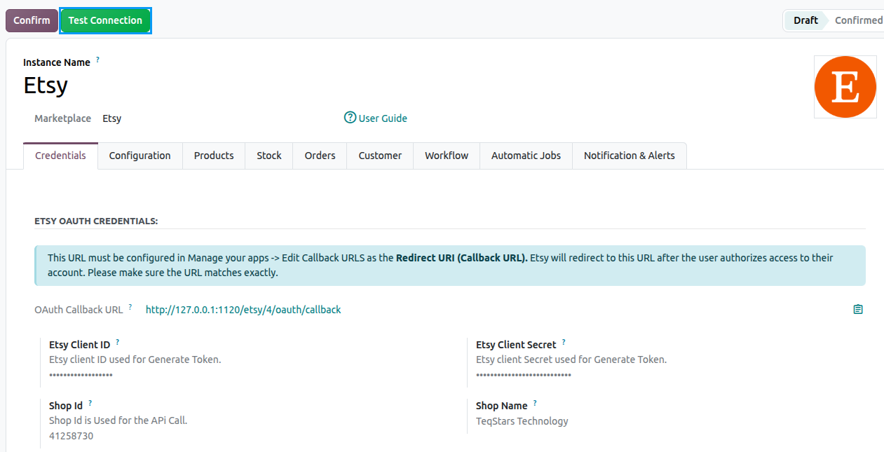 Etsy instance with Test Connection button