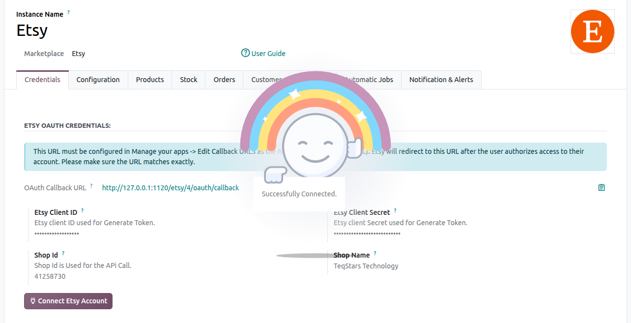 Etsy Test Connection success message