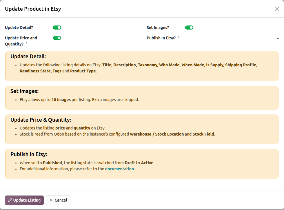 Update Listing Option Popup