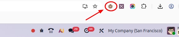 View of Odoo's debug icon in a Google Chrome toolbar.