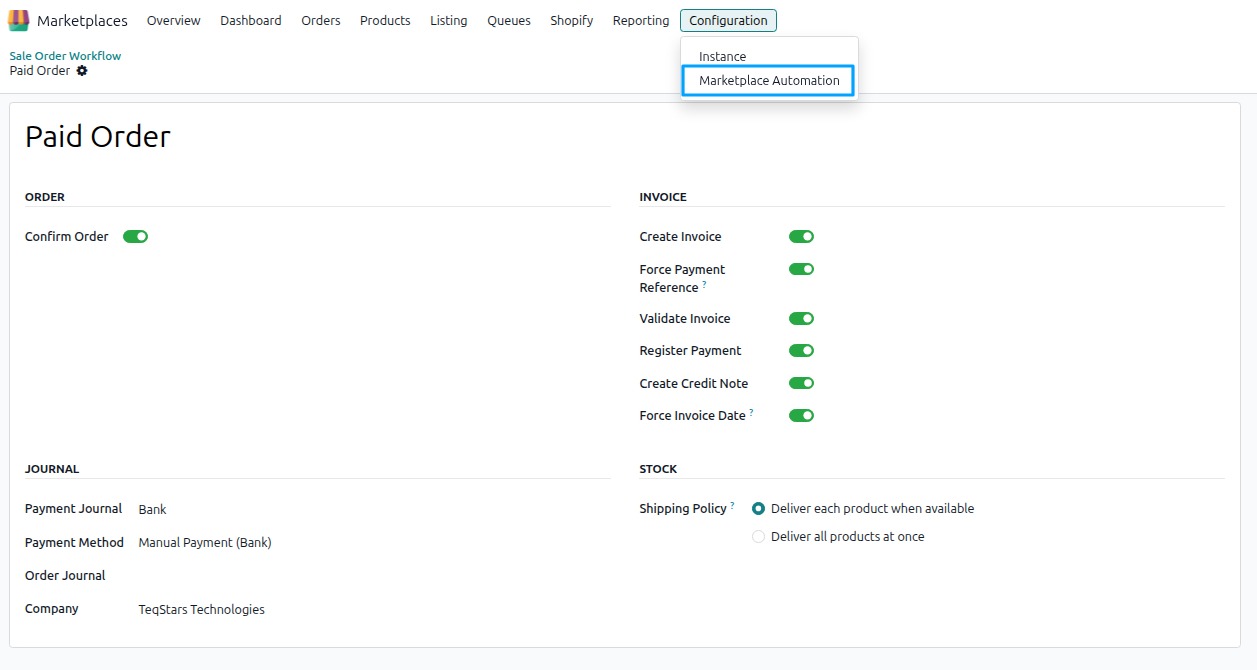 Configuration of Marketplace Order Workflow