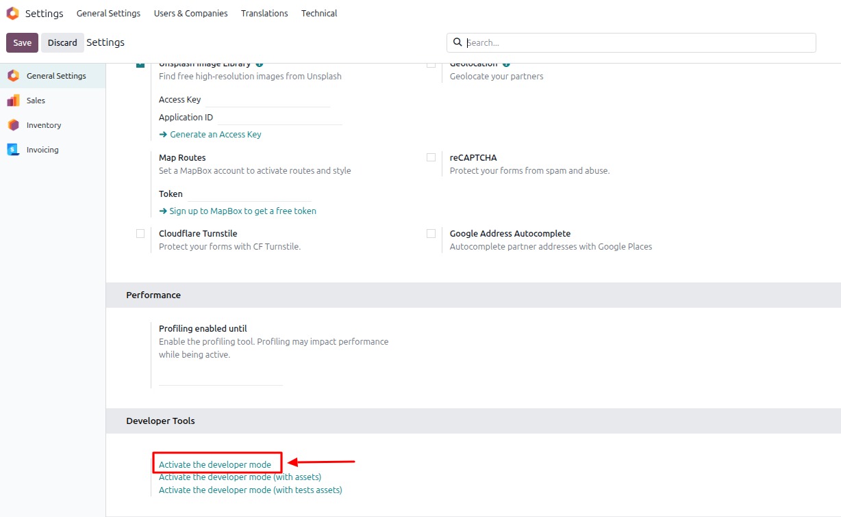 Overview of the debug options under settings in Odoo.