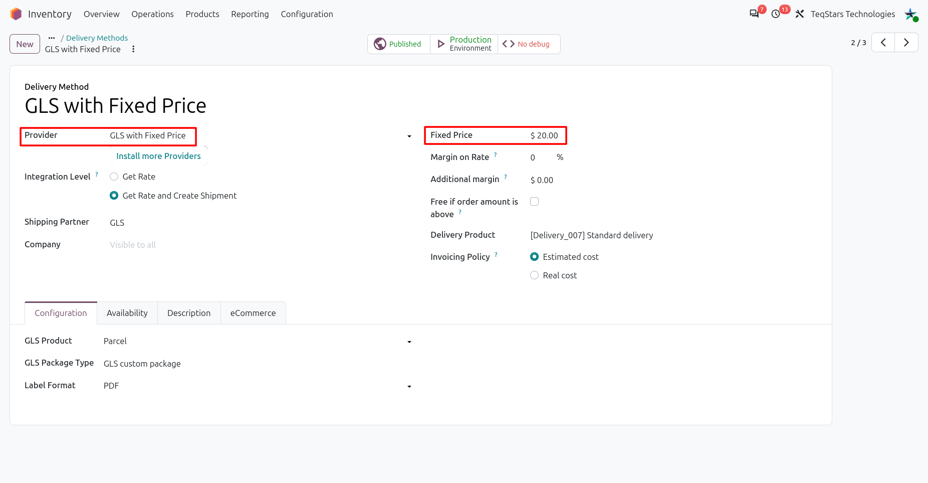 Configuring the GLS Delivery Method with Fixed Price.