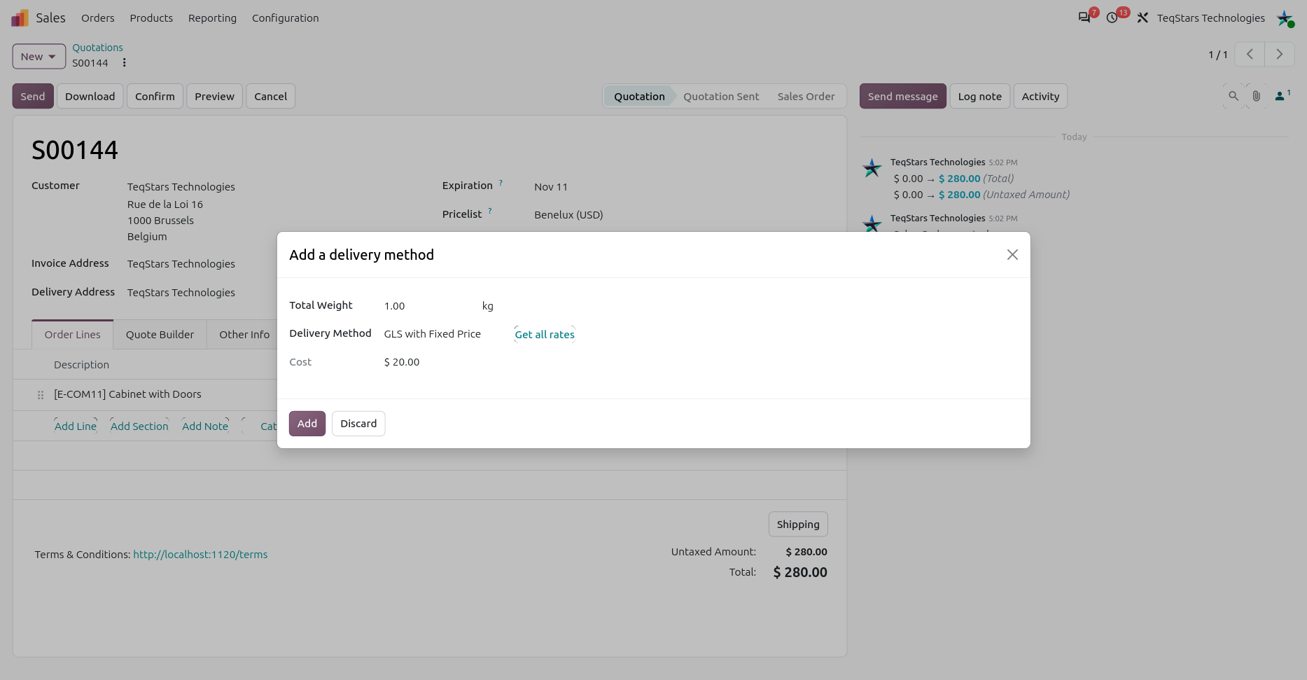 Get rate by selecting GLS Fixed Price Delivery Method on Sale Order.