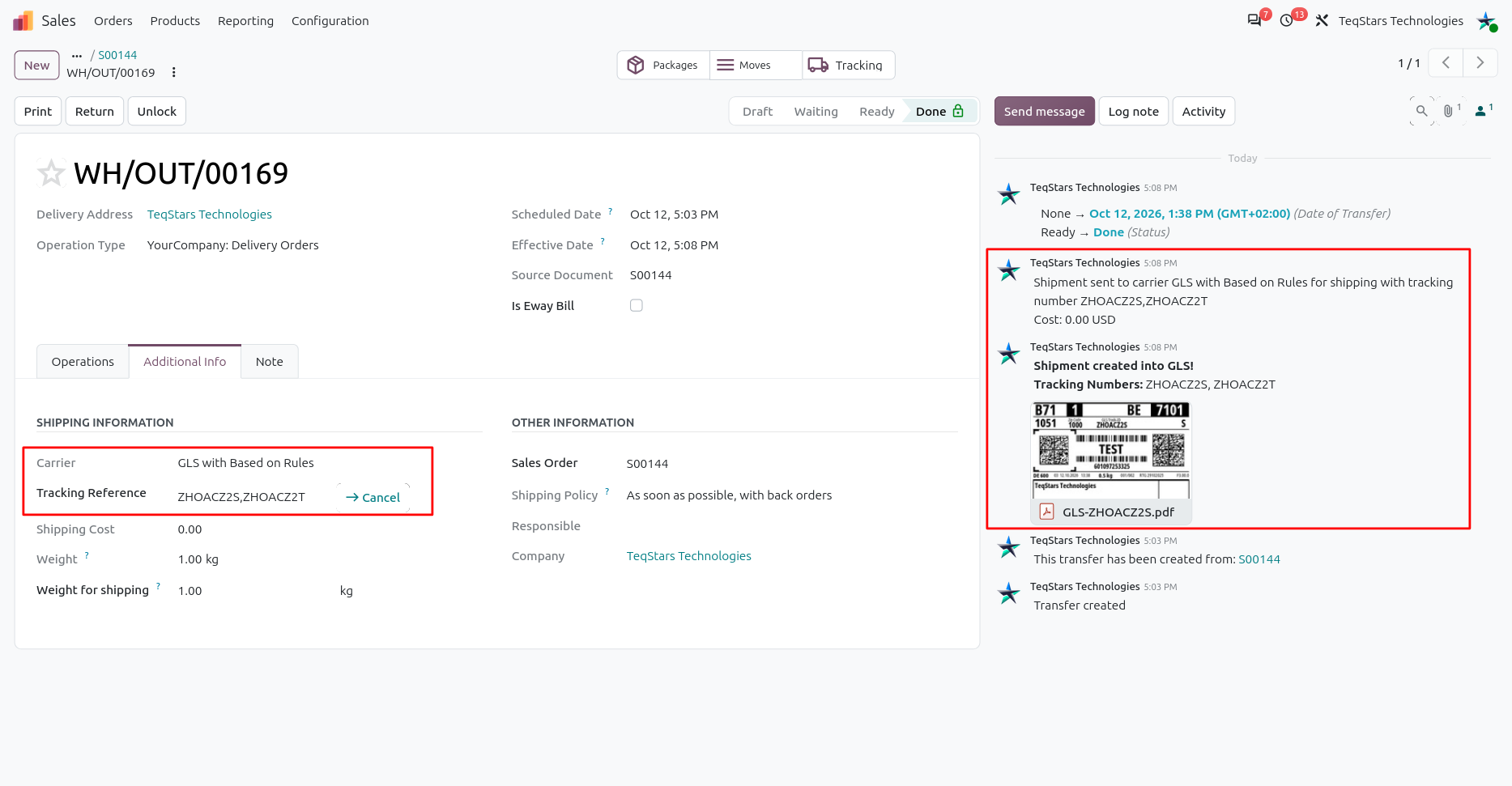 Tracking number and shipping Labels in delivery order.
