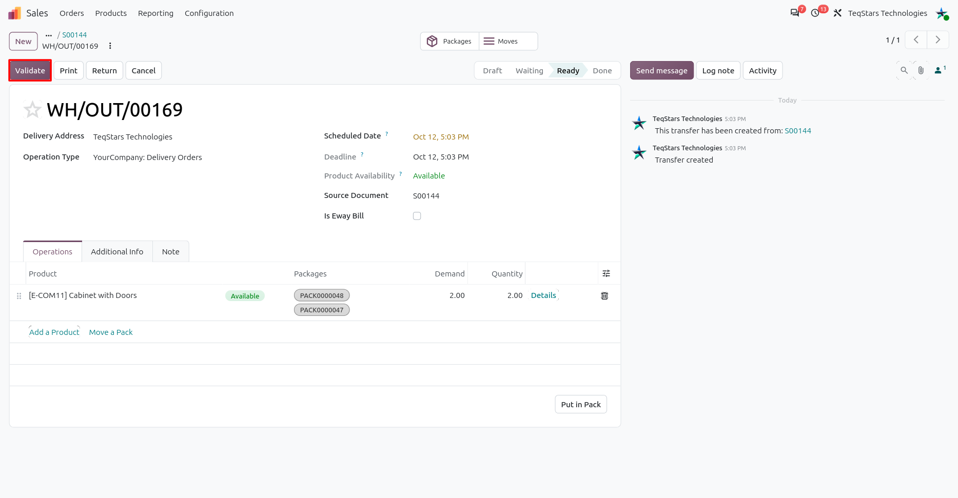 Validate the delivery order to create the GLS shipment.