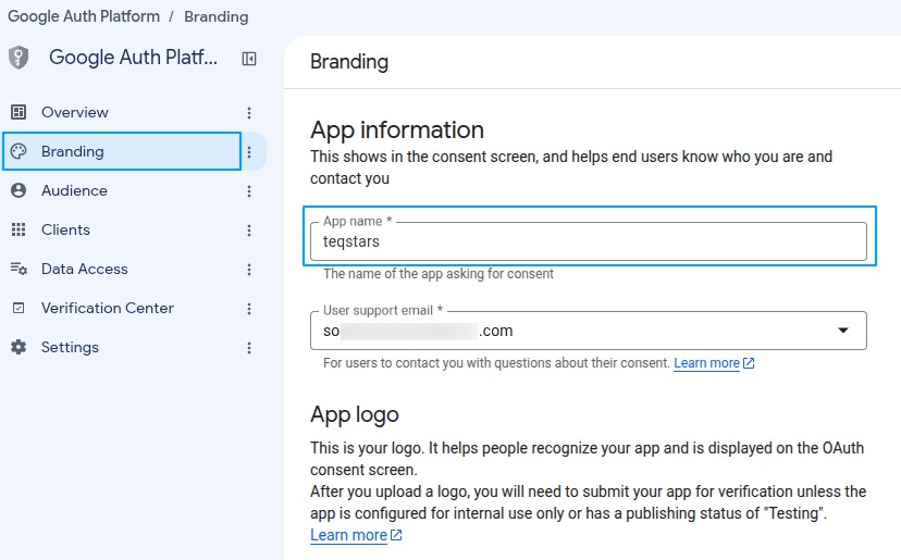 App name and support email on the Google Auth Platform Branding page