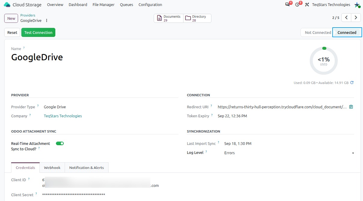 Connected Google Drive provider in Odoo showing the storage gauge