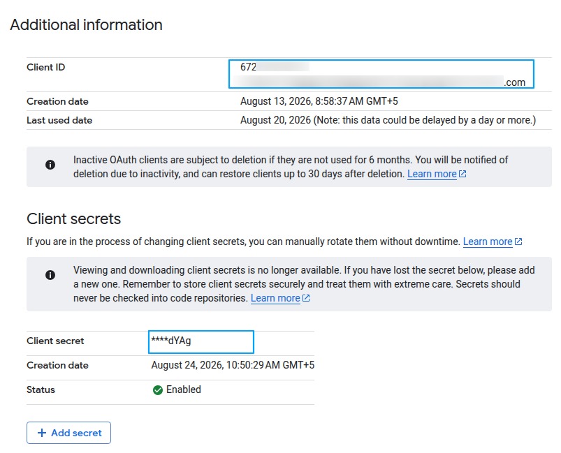 OAuth client with the Client ID and Client secret
