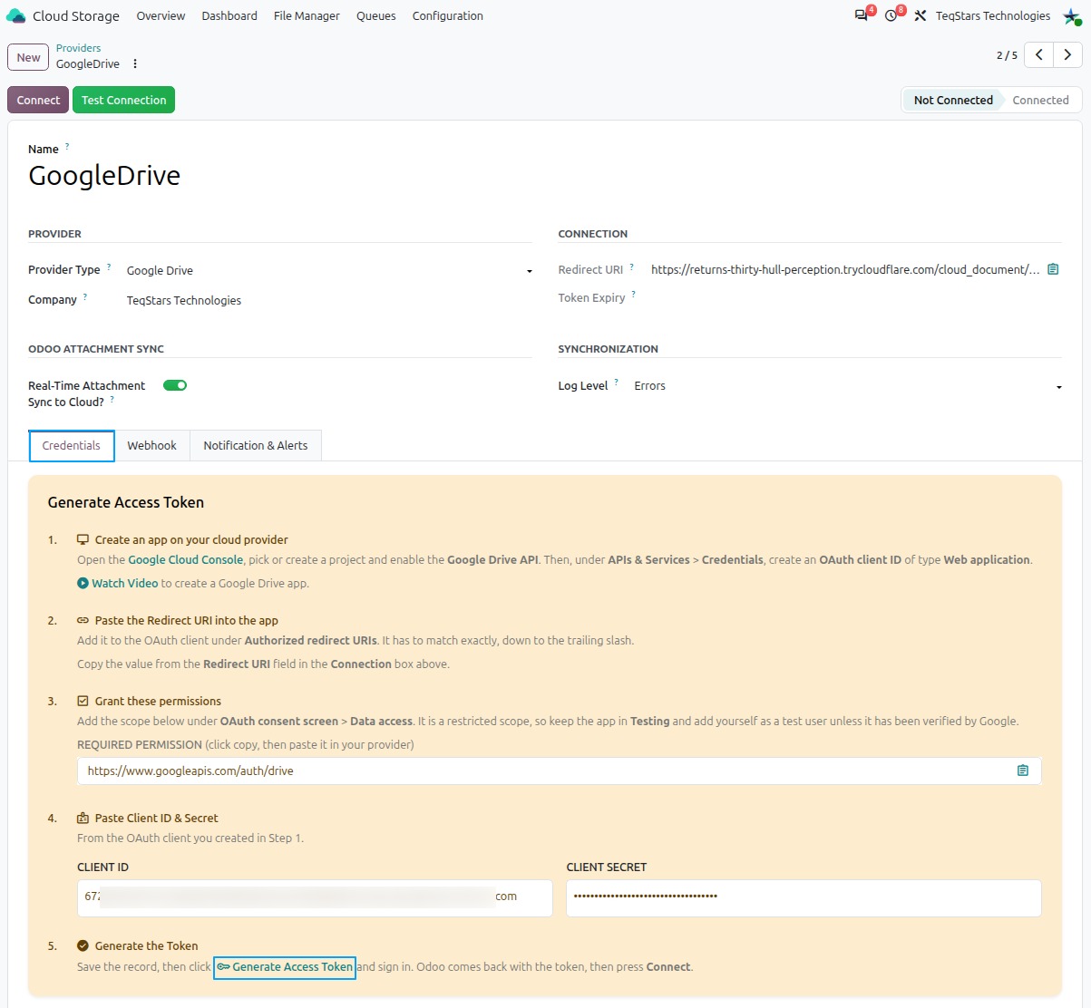 Generate Access Token on the Credentials tab of the Google Drive provider
