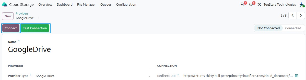 Connect and Test Connection buttons on the Google Drive provider form