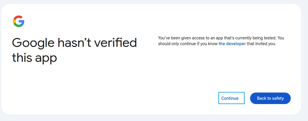 Google warning that the app is not verified, with Continue