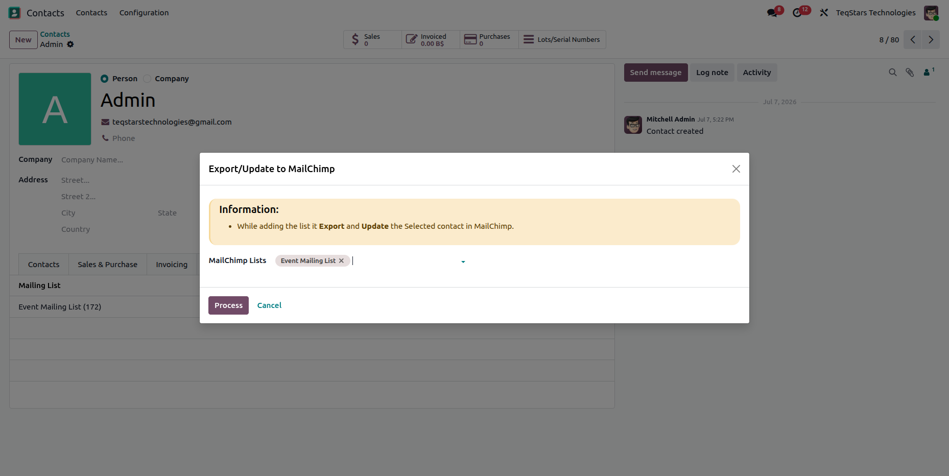 Export to MailChimp list-selection wizard