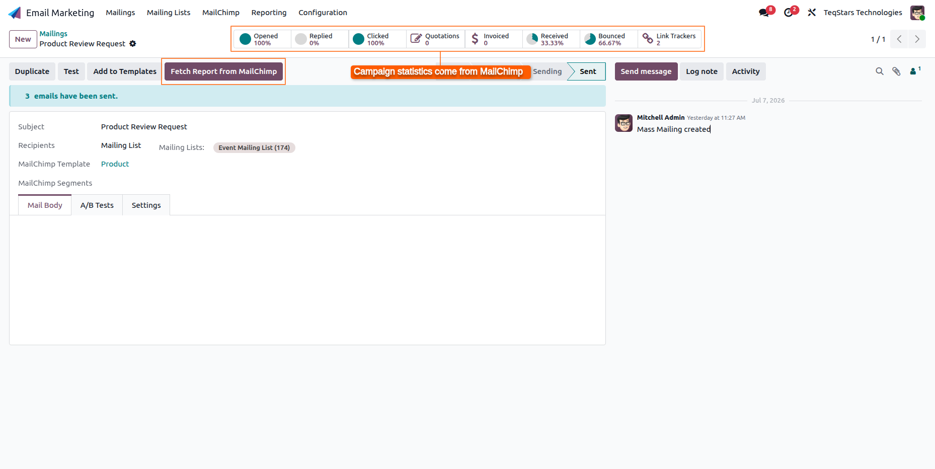 MailChimp campaign KPIs with Fetch Report from MailChimp button