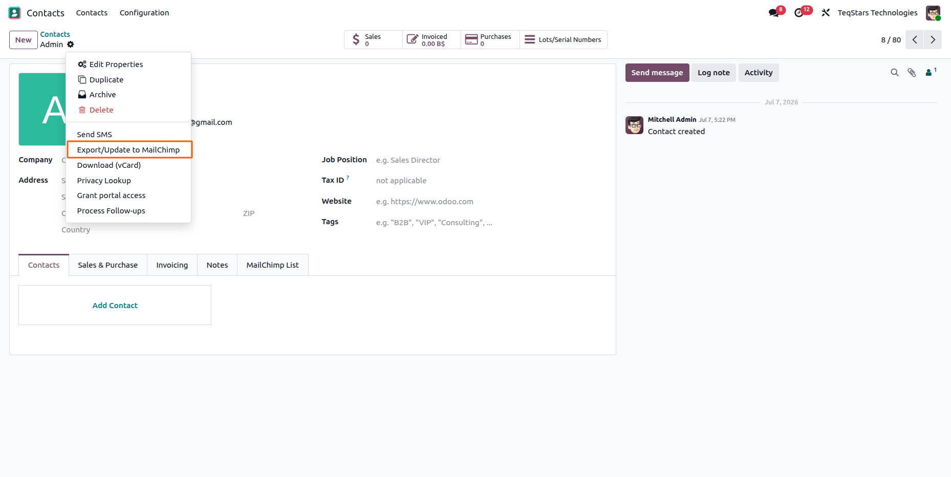 Export or update a customer to MailChimp