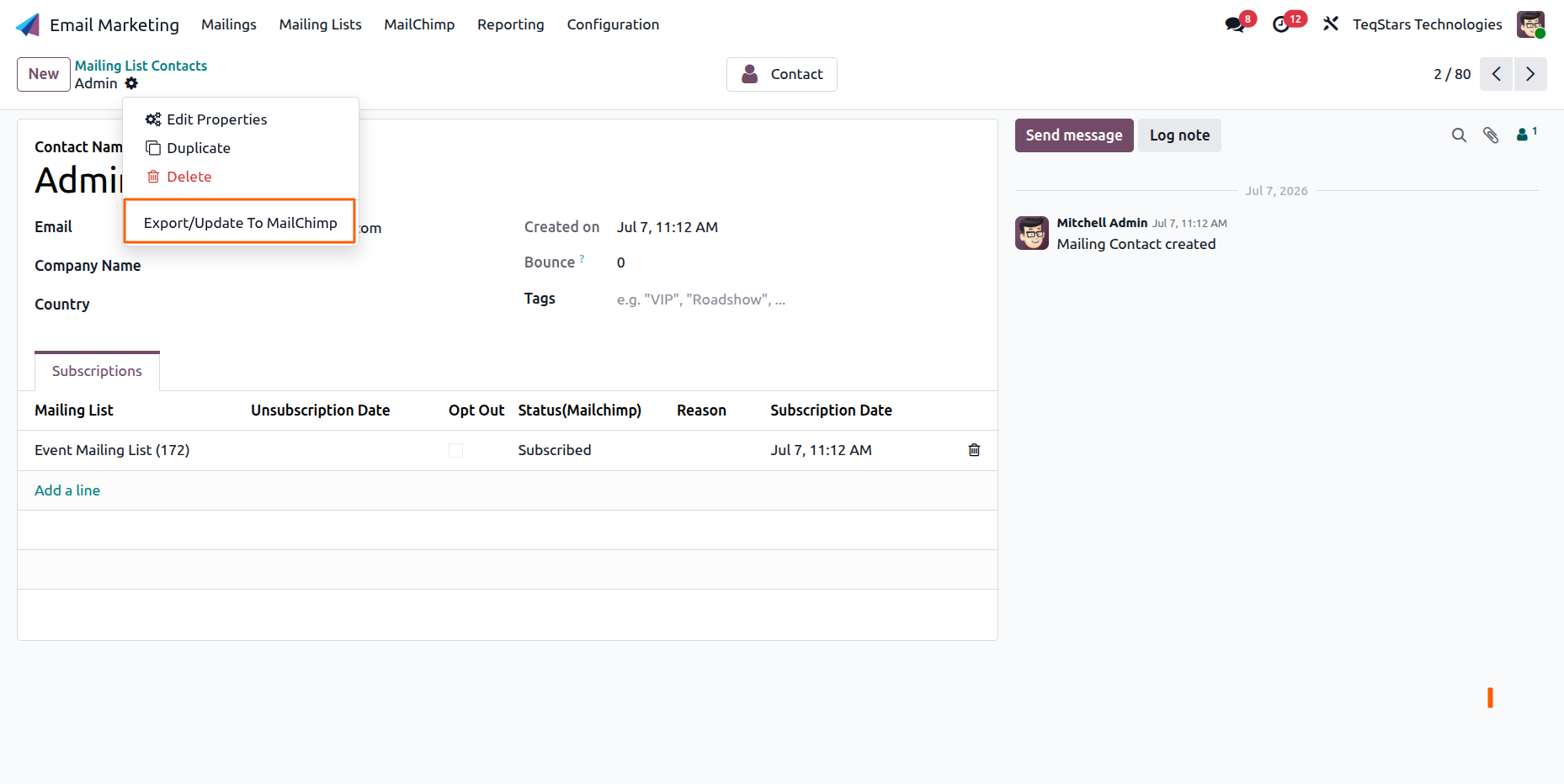 Export or update a mailing contact to MailChimp