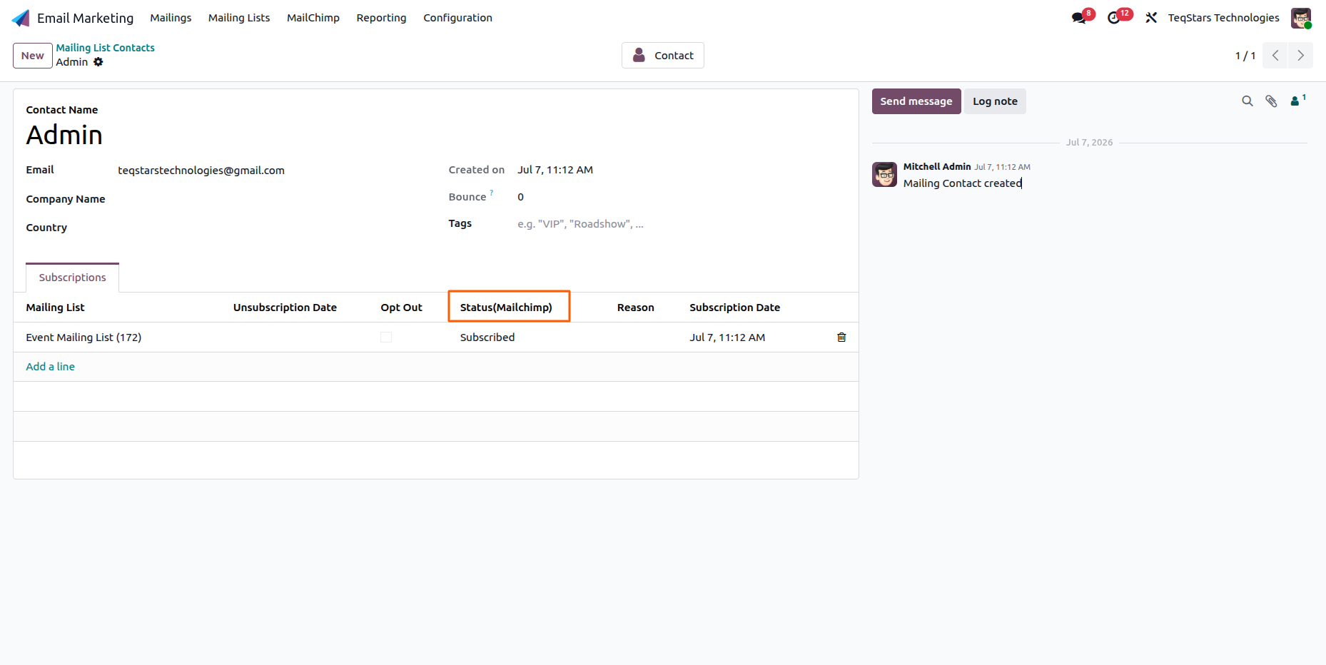 Mailing contact with its MailChimp subscription status